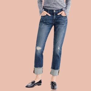 J. Crew Distressed Boyfriend Jeans in Dark Wash Blue